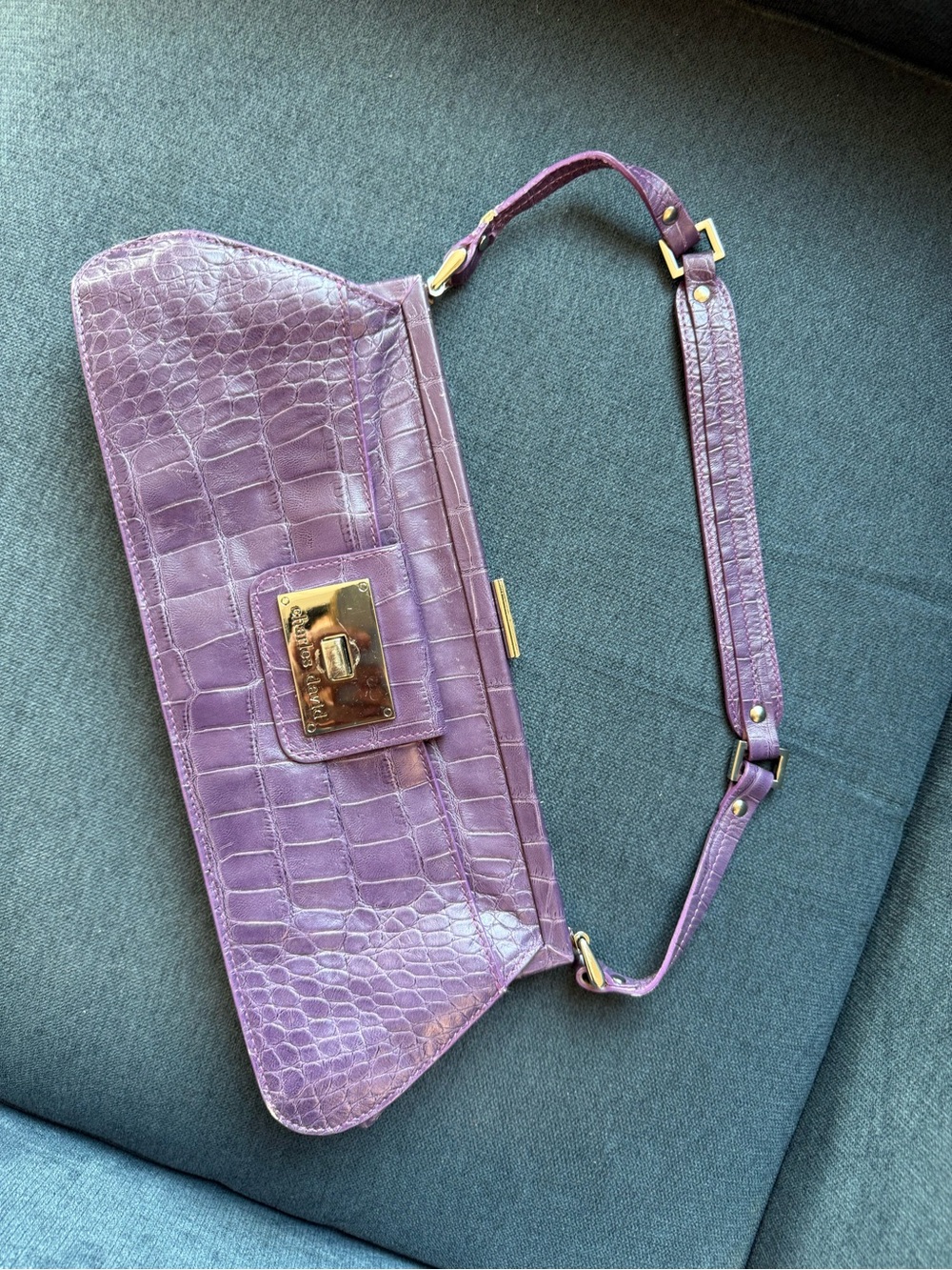 Charles David Purple Croc-Embossed Leather Shoulder Bag with Gold Hardware Y2K